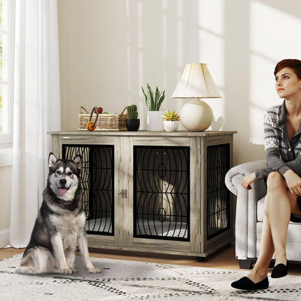 Extra Large Indoor Dog Crate Furniture End Table with Lockable Door and Washable Cushion - Grey