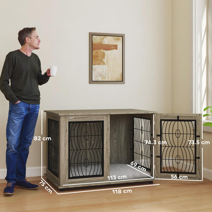 Extra Large Indoor Dog Crate Furniture End Table with Lockable Door and Washable Cushion - Grey