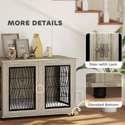Extra Large Indoor Dog Crate Furniture End Table with Lockable Door and Washable Cushion - Grey