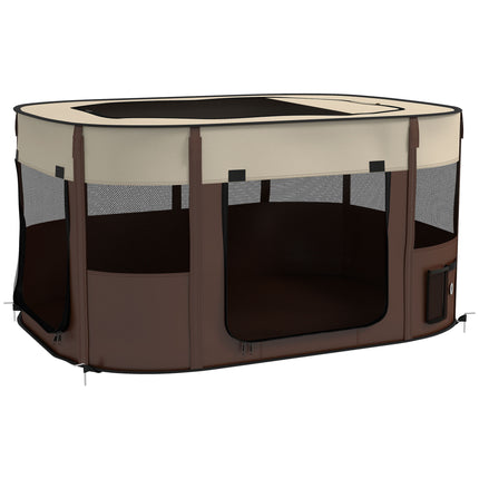 Foldable Portable Dog Pen with Ground Stakes and Storage Bag for Indoor Outdoor Use - Brown
