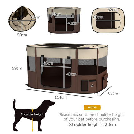Foldable Portable Dog Pen with Ground Stakes and Storage Bag for Indoor Outdoor Use - Brown