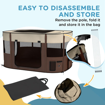 Foldable Portable Dog Pen with Ground Stakes and Storage Bag for Indoor Outdoor Use - Brown