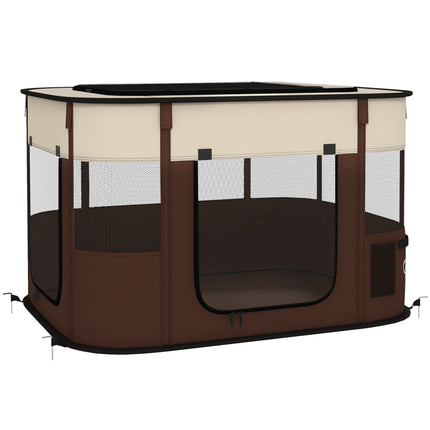 Foldable Portable Dog Pen with Storage Bag and Ground Stakes for Indoor Outdoor Use - Brown