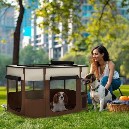 Foldable Portable Dog Pen with Storage Bag and Ground Stakes for Indoor Outdoor Use - Brown