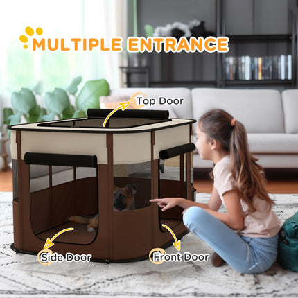 Foldable Portable Dog Pen with Storage Bag and Ground Stakes for Indoor Outdoor Use - Brown