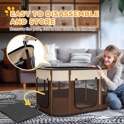 Foldable Portable Dog Pen with Storage Bag and Ground Stakes for Indoor Outdoor Use - Brown