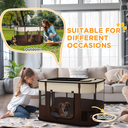 Foldable Portable Dog Pen with Storage Bag and Ground Stakes for Indoor Outdoor Use - Brown