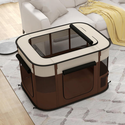 Foldable Portable Dog Pen with Storage Bag and Ground Stakes for Indoor Outdoor Use - Brown
