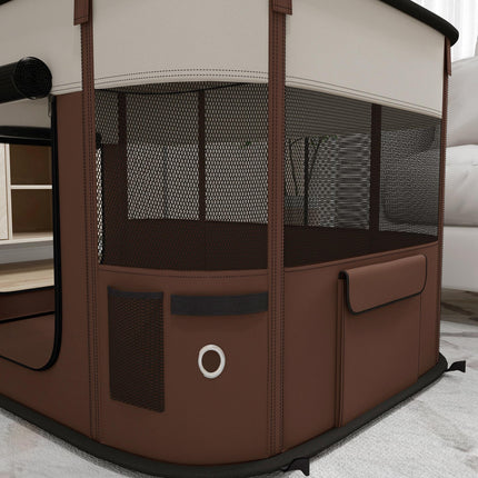 Foldable Portable Dog Pen with Storage Bag and Ground Stakes for Indoor Outdoor Use - Brown