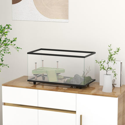 50L Glass Turtle Tank Aquarium with Basking Platform, Drainage & Strip Thermometer - Transparent