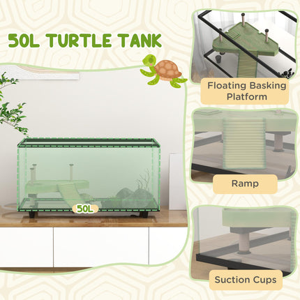 50L Glass Turtle Tank Aquarium with Basking Platform, Drainage & Strip Thermometer - Transparent