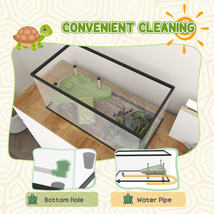 50L Glass Turtle Tank Aquarium with Basking Platform, Drainage & Strip Thermometer - Transparent