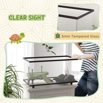 50L Glass Turtle Tank Aquarium with Basking Platform, Drainage & Strip Thermometer - Transparent