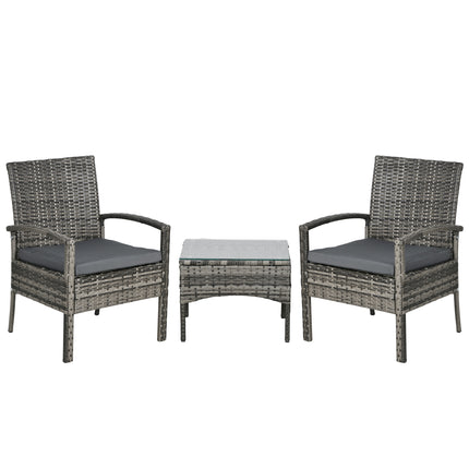 3 Piece Outdoor Rattan Bistro Set with Cushioned Chairs & Coffee Table - Mixed Grey