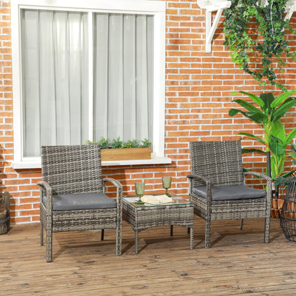 3 Piece Outdoor Rattan Bistro Set with Cushioned Chairs & Coffee Table - Mixed Grey