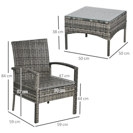 3 Piece Outdoor Rattan Bistro Set with Cushioned Chairs & Coffee Table - Mixed Grey