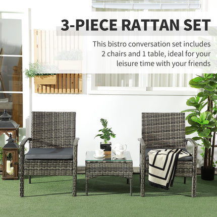3 Piece Outdoor Rattan Bistro Set with Cushioned Chairs & Coffee Table - Mixed Grey