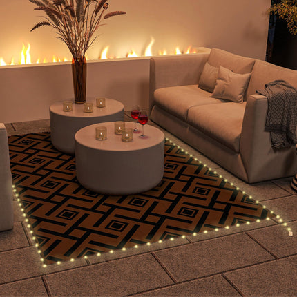 Reversible Plastic Straw RV Outdoor Rug with LED String Light 182x274cm - Brown and Black