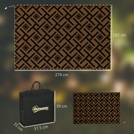 Reversible Plastic Straw RV Outdoor Rug with LED String Light 182x274cm - Brown and Black