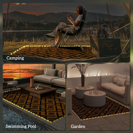 Reversible Plastic Straw RV Outdoor Rug with LED String Light 182x274cm - Brown and Black