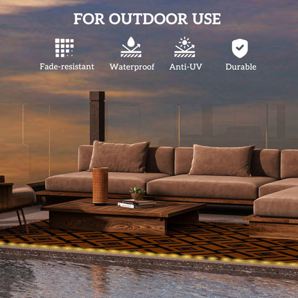 Reversible Plastic Straw RV Outdoor Rug with LED String Light 182x274cm - Brown and Black