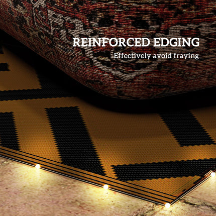 Reversible Plastic Straw RV Outdoor Rug with LED String Light 182x274cm - Brown and Black