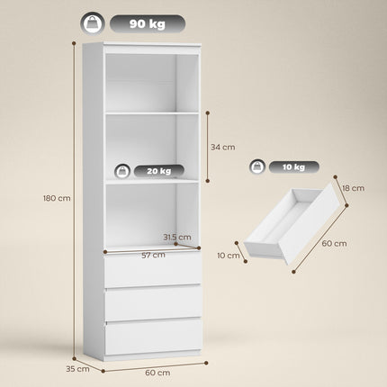 180cm Tall Bookcase with Shelves and Drawers - White
