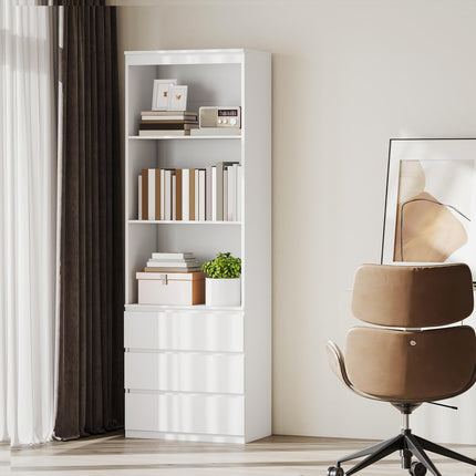 180cm Tall Bookcase with Shelves and Drawers - White