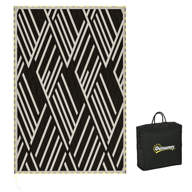 Plastic Straw Reversible RV Outdoor Rug with LED String Light 182x274cm - Black and Coffee