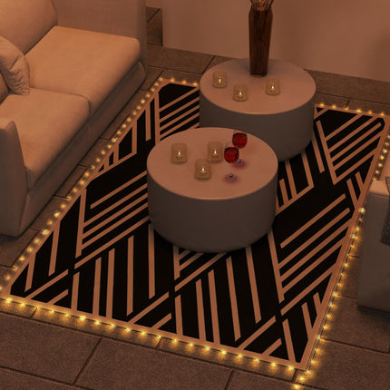 Plastic Straw Reversible RV Outdoor Rug with LED String Light 182x274cm - Black and Coffee