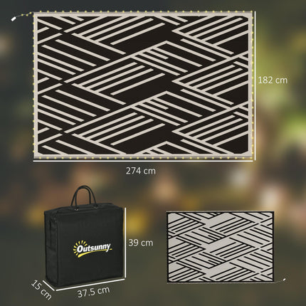 Plastic Straw Reversible RV Outdoor Rug with LED String Light 182x274cm - Black and Coffee