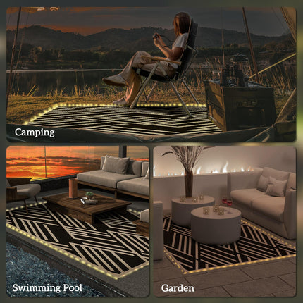 Plastic Straw Reversible RV Outdoor Rug with LED String Light 182x274cm - Black and Coffee