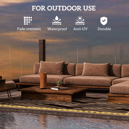 Plastic Straw Reversible RV Outdoor Rug with LED String Light 182x274cm - Black and Coffee