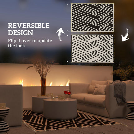 Plastic Straw Reversible RV Outdoor Rug with LED String Light 182x274cm - Black and Coffee