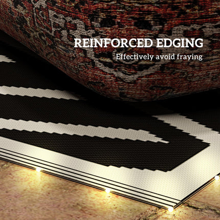 Plastic Straw Reversible RV Outdoor Rug with LED String Light 182x274cm - Black and Coffee