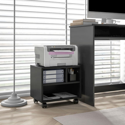 Three-Compartment Printer Cabinet with Wheels for Office Storage - Black