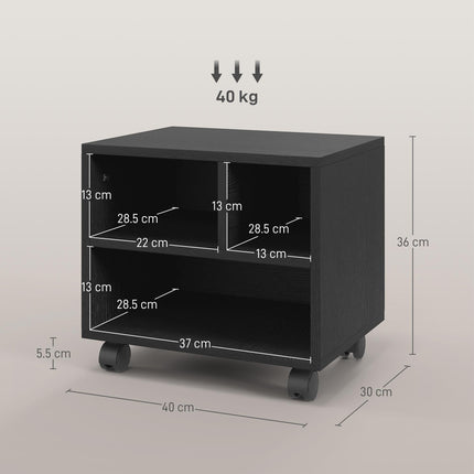Three-Compartment Printer Cabinet with Wheels for Office Storage - Black
