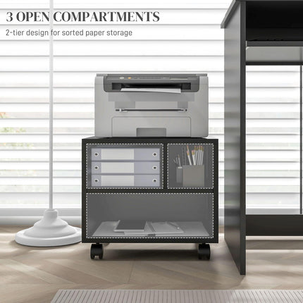 Three-Compartment Printer Cabinet with Wheels for Office Storage - Black