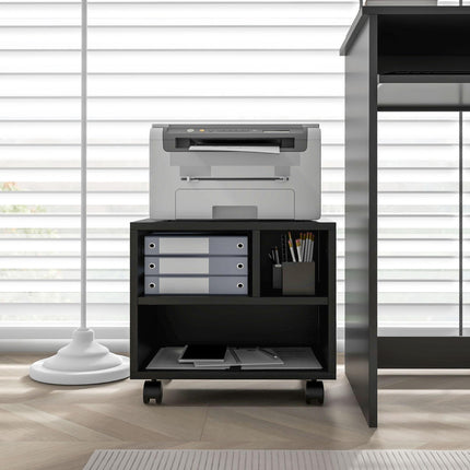Three-Compartment Printer Cabinet with Wheels for Office Storage - Black