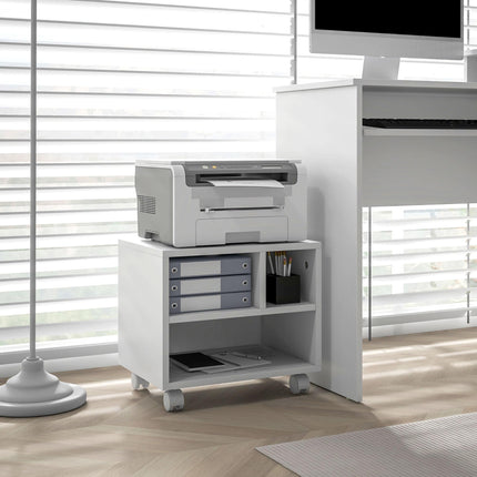 Three-Compartment Printer Cabinet with Wheels for Office Storage - White