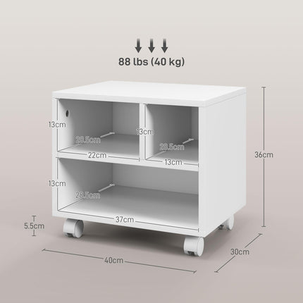 Three-Compartment Printer Cabinet with Wheels for Office Storage - White