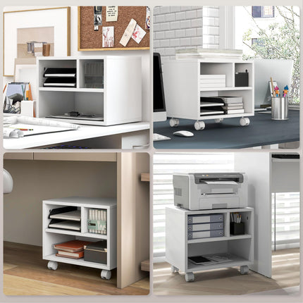 Three-Compartment Printer Cabinet with Wheels for Office Storage - White