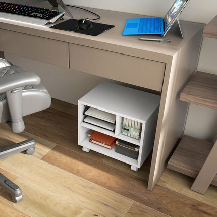 Three-Compartment Printer Cabinet with Wheels for Office Storage - White