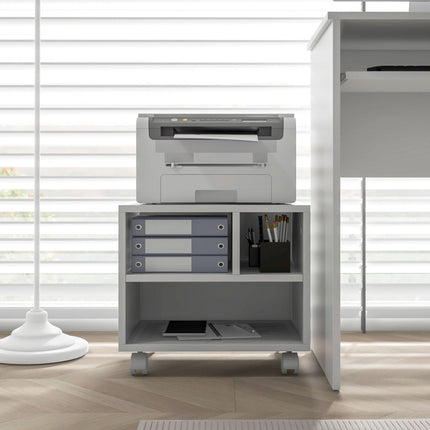 Three-Compartment Printer Cabinet with Wheels for Office Storage - White