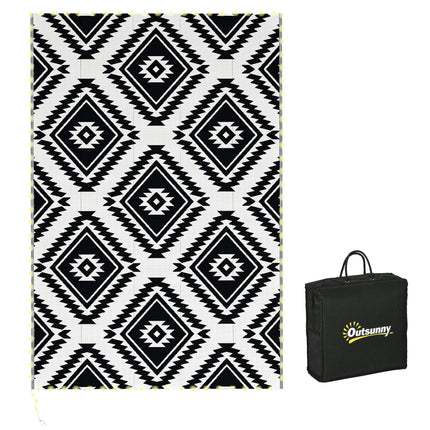 Plastic Straw Reversible RV Outdoor Rug with LED String Light, 182 x 274cm, Blac