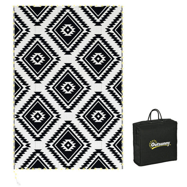 Plastic Straw Reversible RV Outdoor Rug with LED String Light, 182 x 274cm, Blac