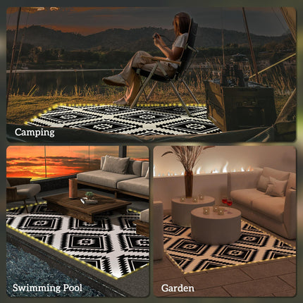 Plastic Straw Reversible RV Outdoor Rug with LED String Light, 182 x 274cm, Blac