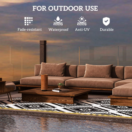 Plastic Straw Reversible RV Outdoor Rug with LED String Light, 182 x 274cm, Blac
