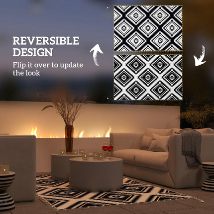 Plastic Straw Reversible RV Outdoor Rug with LED String Light, 182 x 274cm, Blac