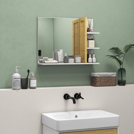 Bamboo Panel Bathroom Mirror, with Shelves - White